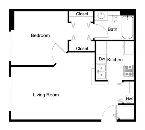 Floor plan for 1 bed, 1 bath, 610 sqft